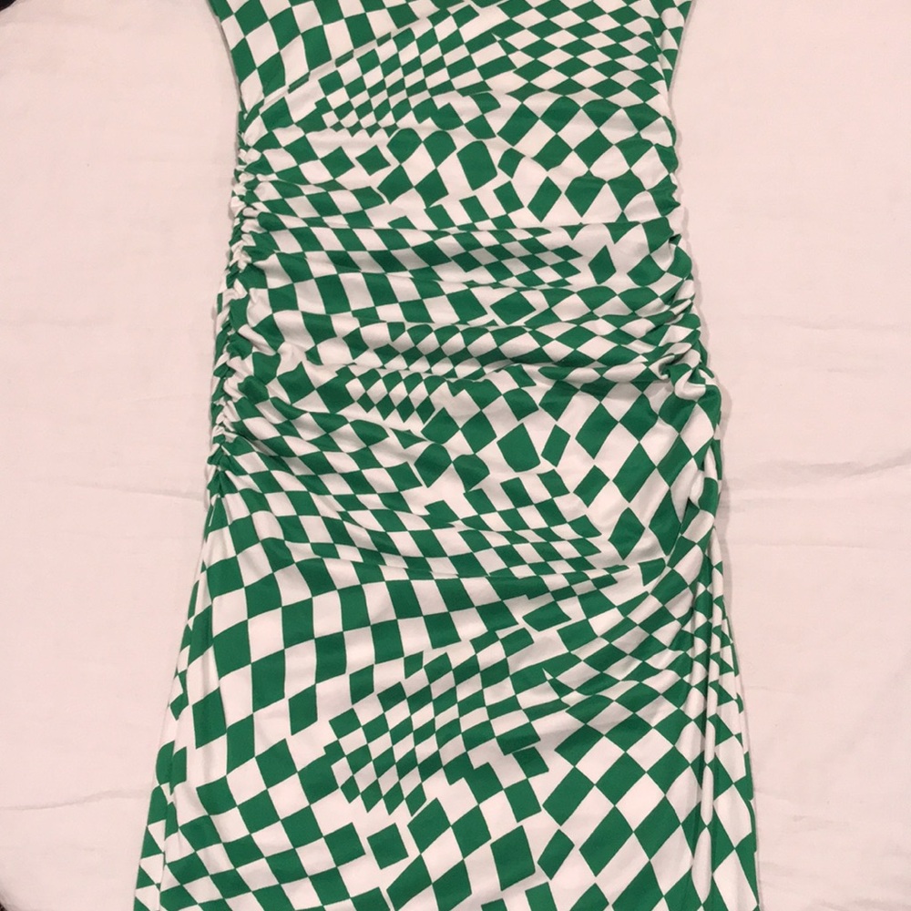 Dressed In LALA “Vibe Check Checkered Dress” Ruched Green White S - Picture 9 of 14